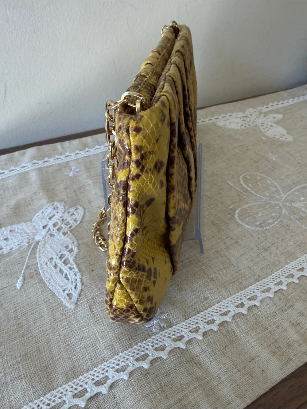 Antonio Melani Yellow/Brown Snakeskin Embossed Pleated Clutch/Shoulder Bag
